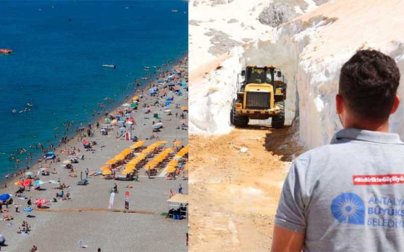 Antalya'nın bir tarafında karla mücadele, sahilinde deniz keyfi yaşanıyor