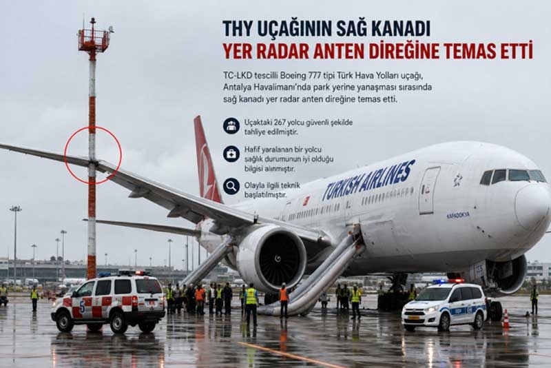 THY uçağı Antalya’da radar direğine çarptı