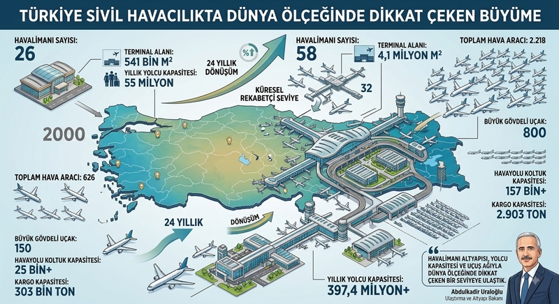 Havalimanlarımızın yıllık yolcu kapasitesi 55 milyondan 397,4 milyonun üzerine çıktı