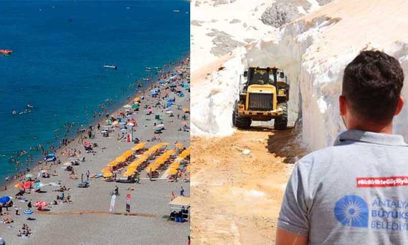 Antalya'nın bir tarafında karla mücadele, sahilinde deniz keyfi yaşanıyor
