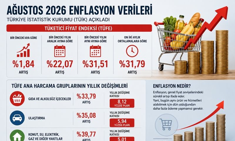 Ağustos ayında yıllık enflasyon yıllık yüzde 31,51,  aylık yüzde 1,84 arttı